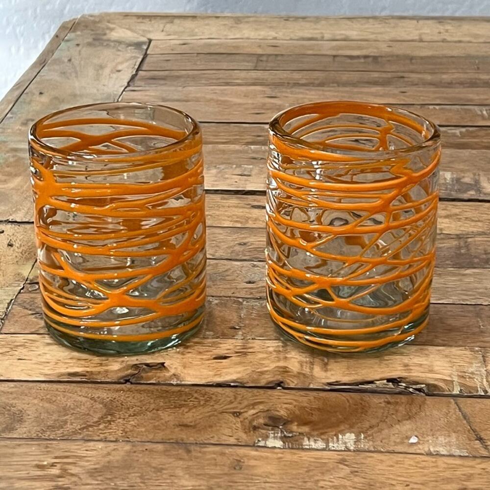 Mexican Hand Blown Glass Tumblers Set of 2 4.25" Tall Orange Swirl Abstract